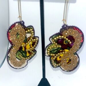 Artisan Beaded Leather Abstract Pierced Earrings Unique Boho Show Stopper Color